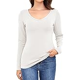Ganado Long Sleeve Shirts for Women V Neck Thermal Shirt Layering Undershirts Plain Fitted Basic Tops