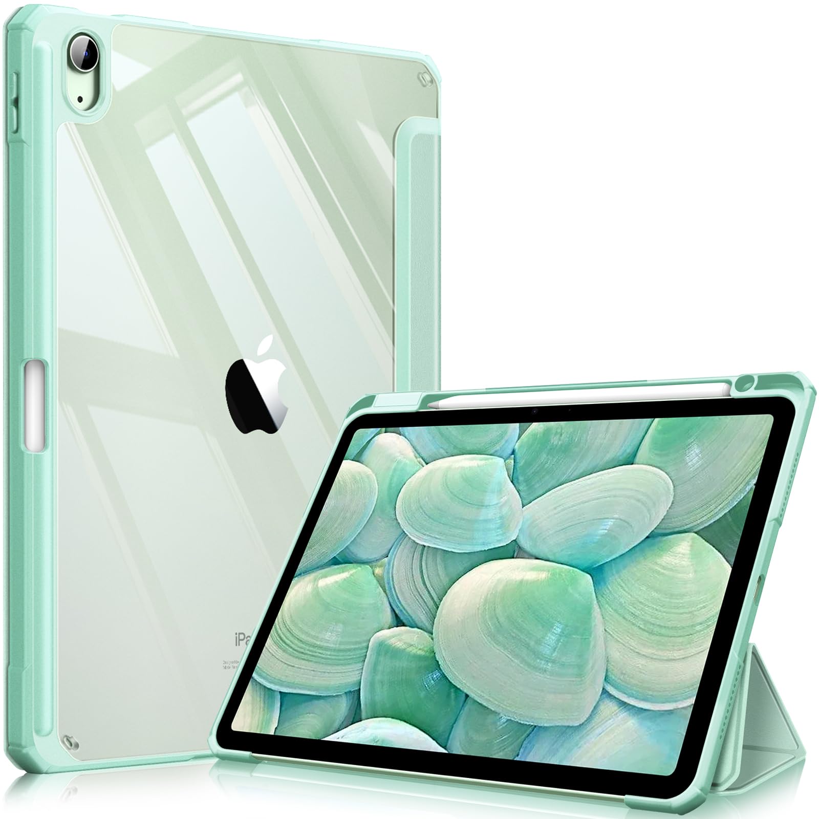 FINTIE Hybrid Case for iPad Air 11 Inch M4 (2026)/M3 (2025)/M2 (2024), iPad Air 5th/4th Generation (2022/2020) 10.9 Inch - Shockproof Slim Clear Acrylic Cover with Pencil Holder, Green