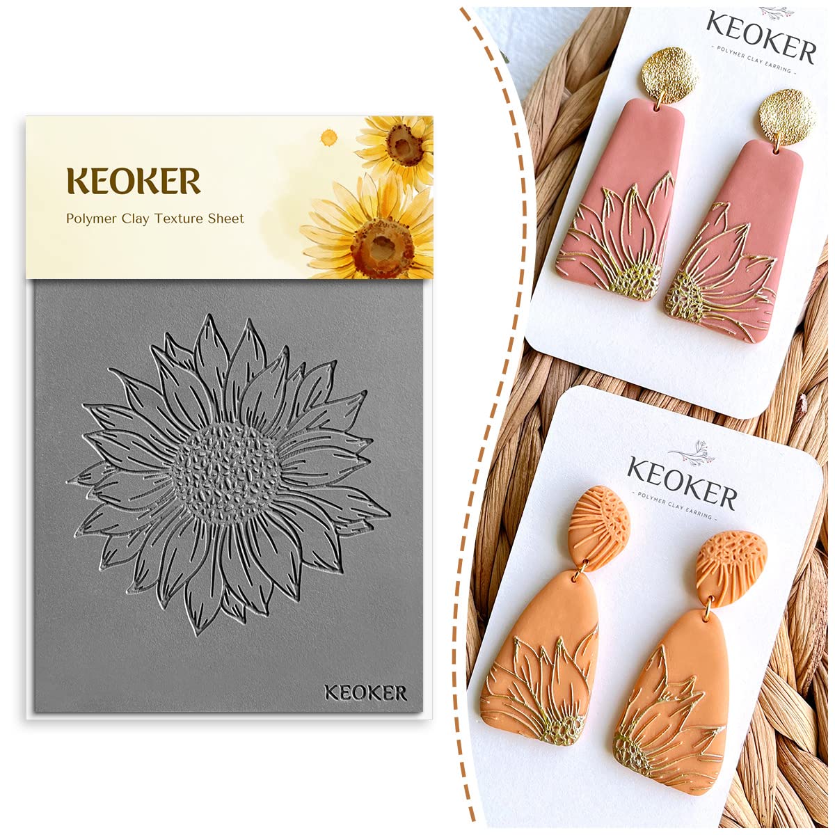 Keoker Polymer Clay Texture Sheets, Clay Texture Mat for Making Earrings Jewerly, Polymer Clay Texture Silicone Mat (No. 6 Sunflower)