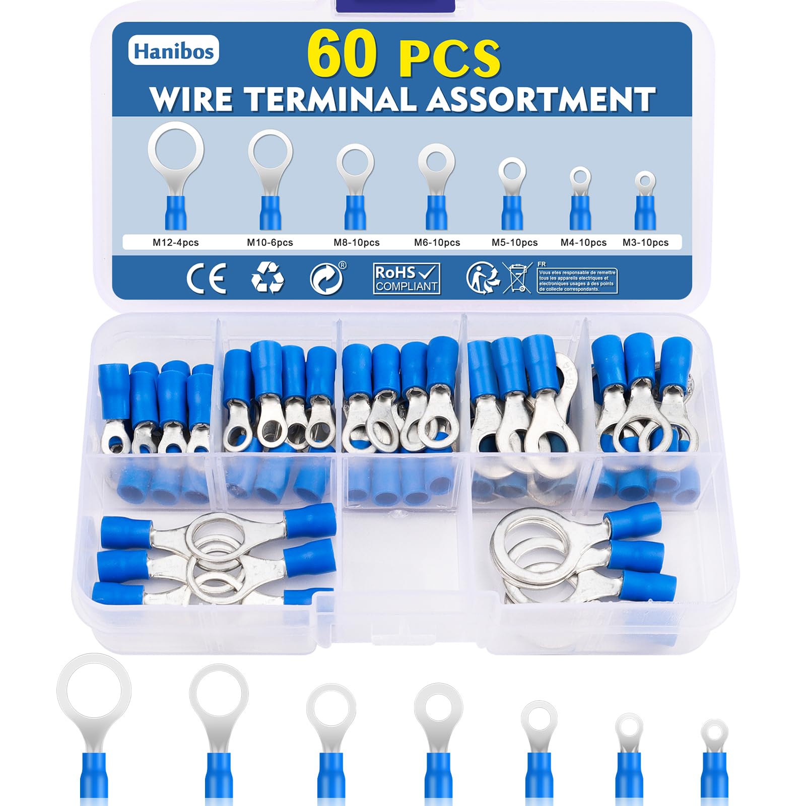 Hanibos 60 Pcs Ring Terminals Blue 1.5-2.5mm² Insulated Ring Crimps Wire Connectors 16-14AWG Electrical Connectors M3 M4 M5 M6 M8 M10 M12 Ring Terminals Crimps Connectors