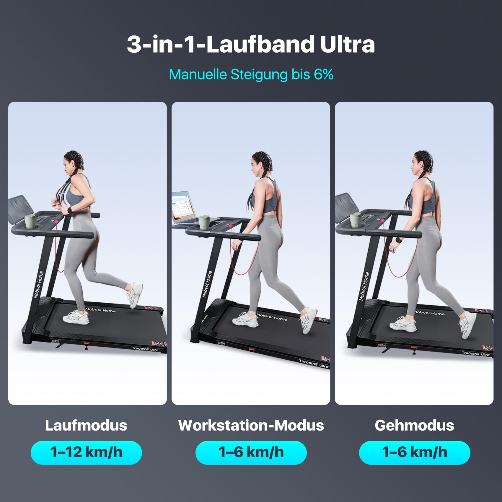 Mobvoi Home Laufband Ultra Intelligente KI 3-in-1 Gehpad mit 6% Steigung 2,5 PS Laufband zum Gehen und Laufen Halterung für Tasse Telefon Laptop Große Lauffläche TicSports Zwift Kinomap 12km/h 120kg 2