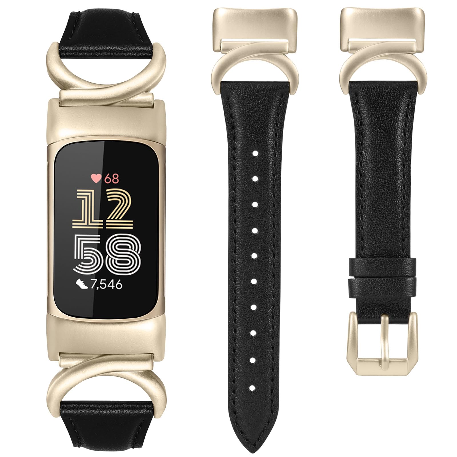 Photo 1 of Minyee Leather Bands Compatible with Fitbit Charge 6/Fitbit Charge 5 Band Women, Slim Thin Dressy Premium Leather Strap with C-Shape Metal Buckle for Charge 6/5 Watch Accessories, Black/Champagne Gold