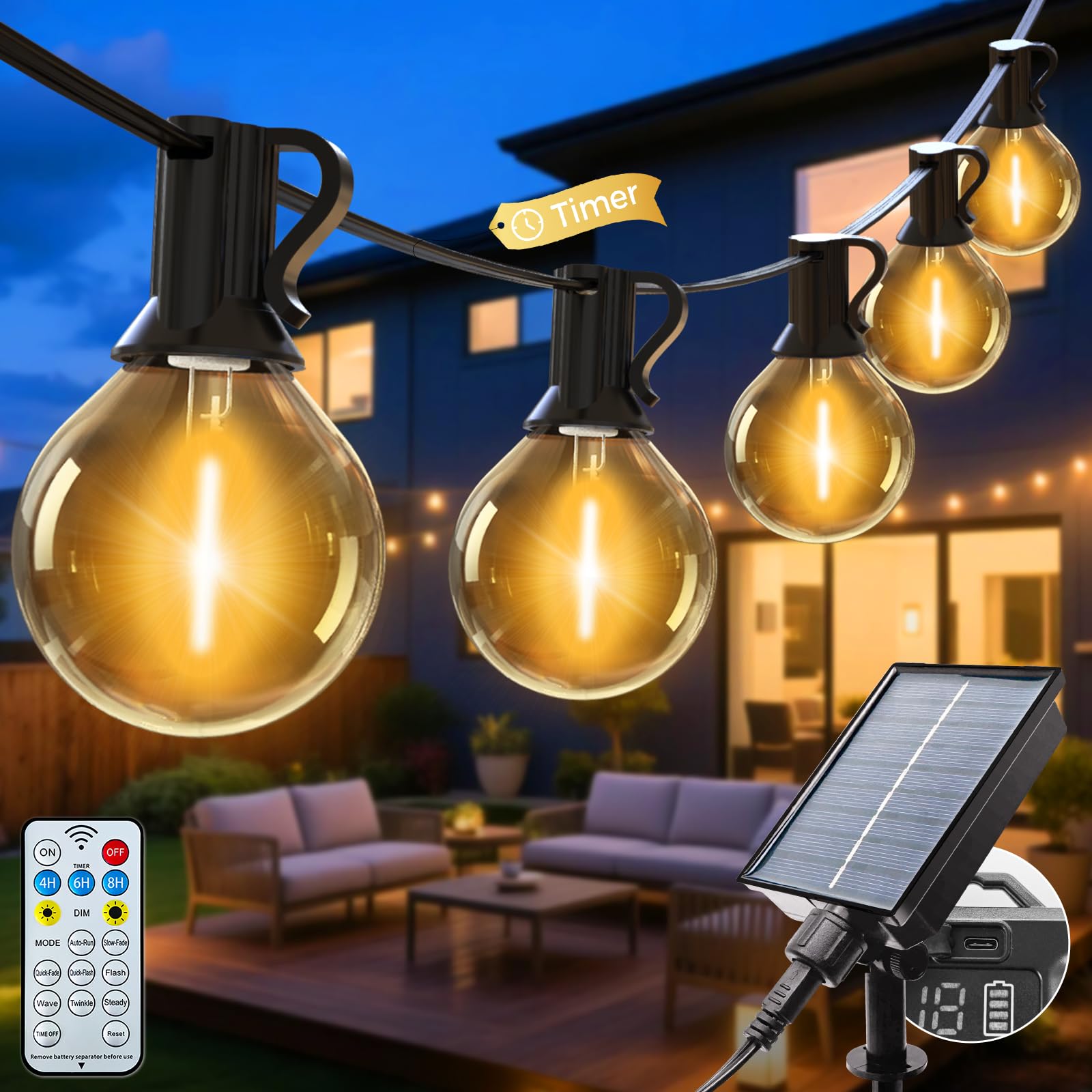 litogo Solar Festoon Lights Outdoor with Remote, 25+2 Bulbs Solar String Lights Outdoor Garden Dimmable, 65 FT/20M 8 Modes Timer Patio Light for Outside Wedding Backyard Party Camping (Warm White) — image 1