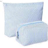 Huhumy 2 Pcs Makeup Bag Set Cute Cosmetic Pouch for Women Seersucker Travel Toiletry Bag Preppy Small Makeup Purse Pouch Aesthetic Skincare Brushes Storage Organizer for Valentine Women(Blue)