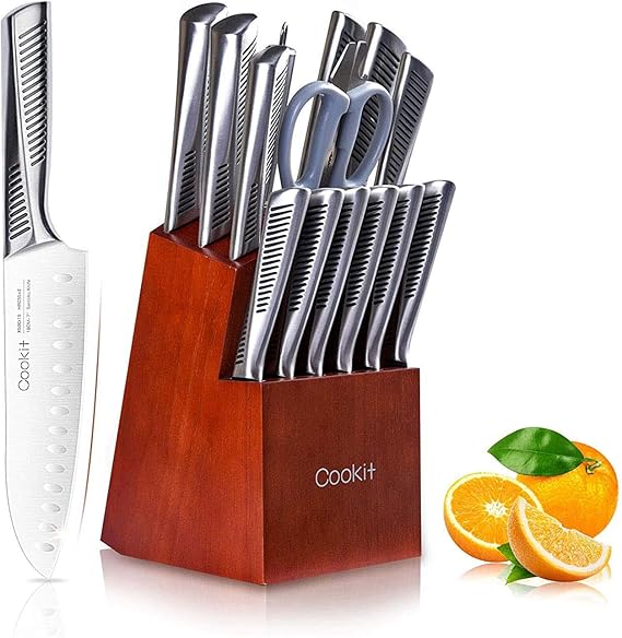 Cookit Kitchen Knife Sets, 15Piece Knife Set with Wooden Block Holder, Manual Steel Sharpener