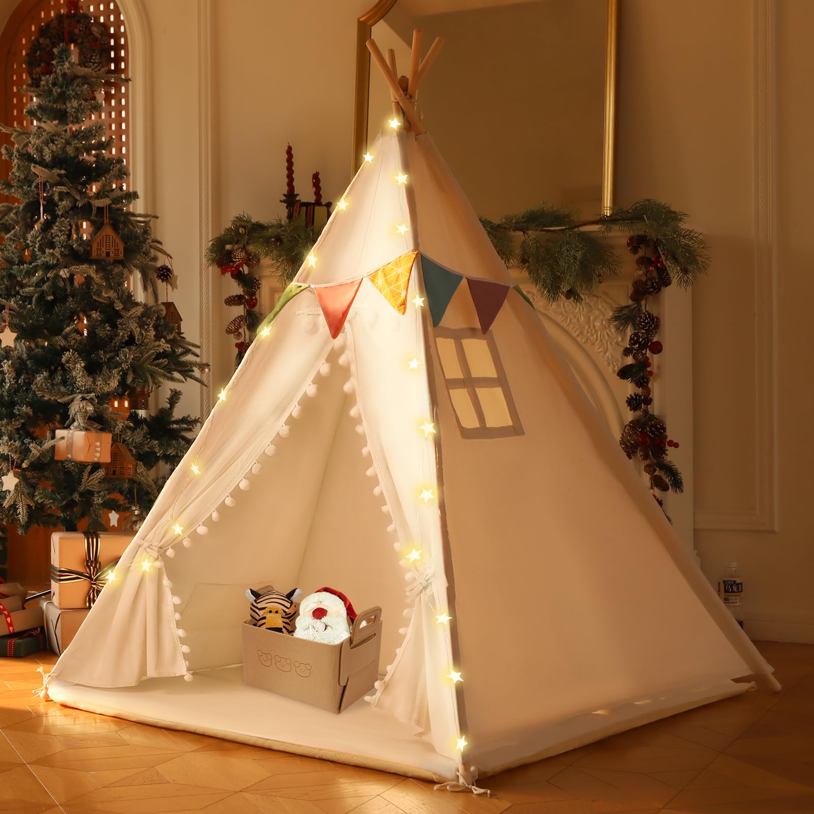 Photo 1 of Kids Teepee Tent with Mat - Indoor Playhouse for Boys and Girls - Anti-Slip Cotton Teepee Tent for Kids with Star Lights, Flags, Felt Basket and Carry Bag Toddler Teepee Children's Room