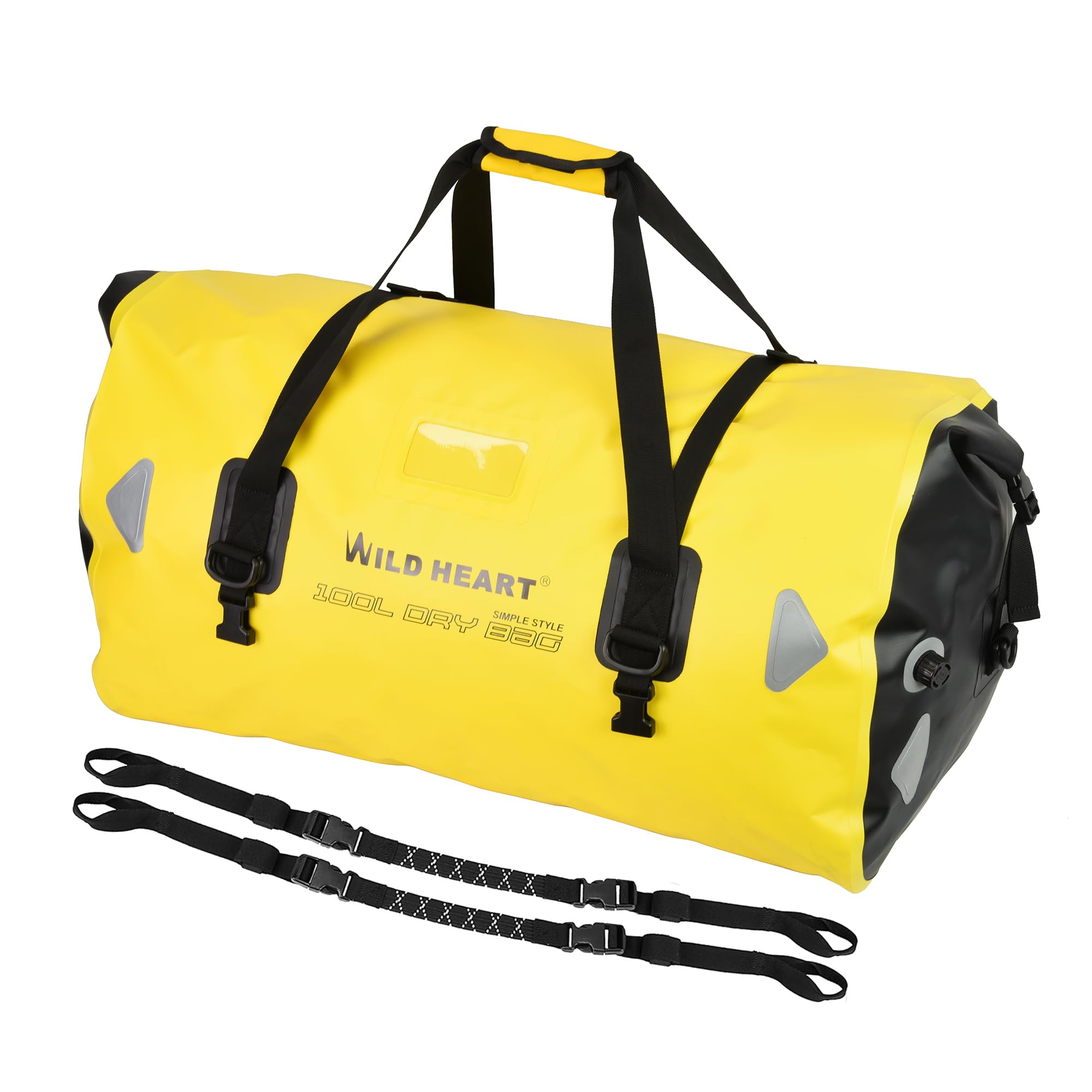 Wild heart Waterproof Bag Duffel Bag 40L 66L 100L with Welded Seams Shoulder Straps, Mesh Pocket for Kayaking, Camping, Boating,Bycycle,Motorcycle (66L Yellow with Rope)