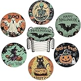 Halloween Drink Absorbent Coasters with Holder Set of 6, Ceramic Stone with Cork Base, Vintage Pumpkin Coaster for Drinks, Gift for Housewarming Room Bar Home Decor Kitchen