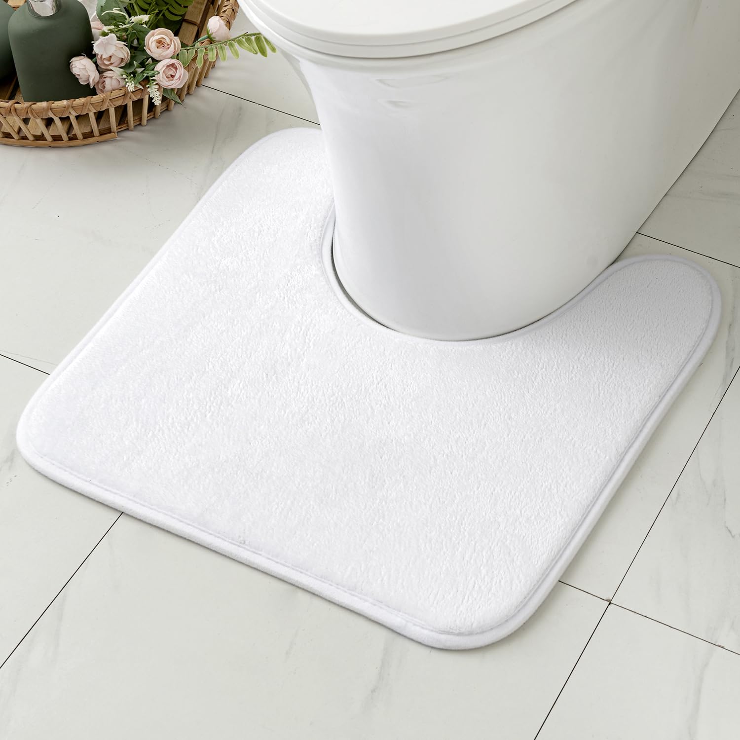 MIULEE Bath Mats Non Slip Memory Foam Bathroom Mat Bath U Shape Rug Shower Mat Coral Fleece Softness Highly Absorbent Washable Rug Bath Mats for Bathroom Kitchen Entrance 45x45 cm White
