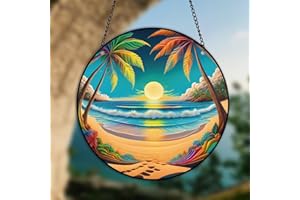 HOTIYOK Sunset Beach Stained Acrylic Window Hangings Seaside Coconut Tree Wall Art Decoration for Kitchen Living Room Birthday Gifts for Women Mom Grandma