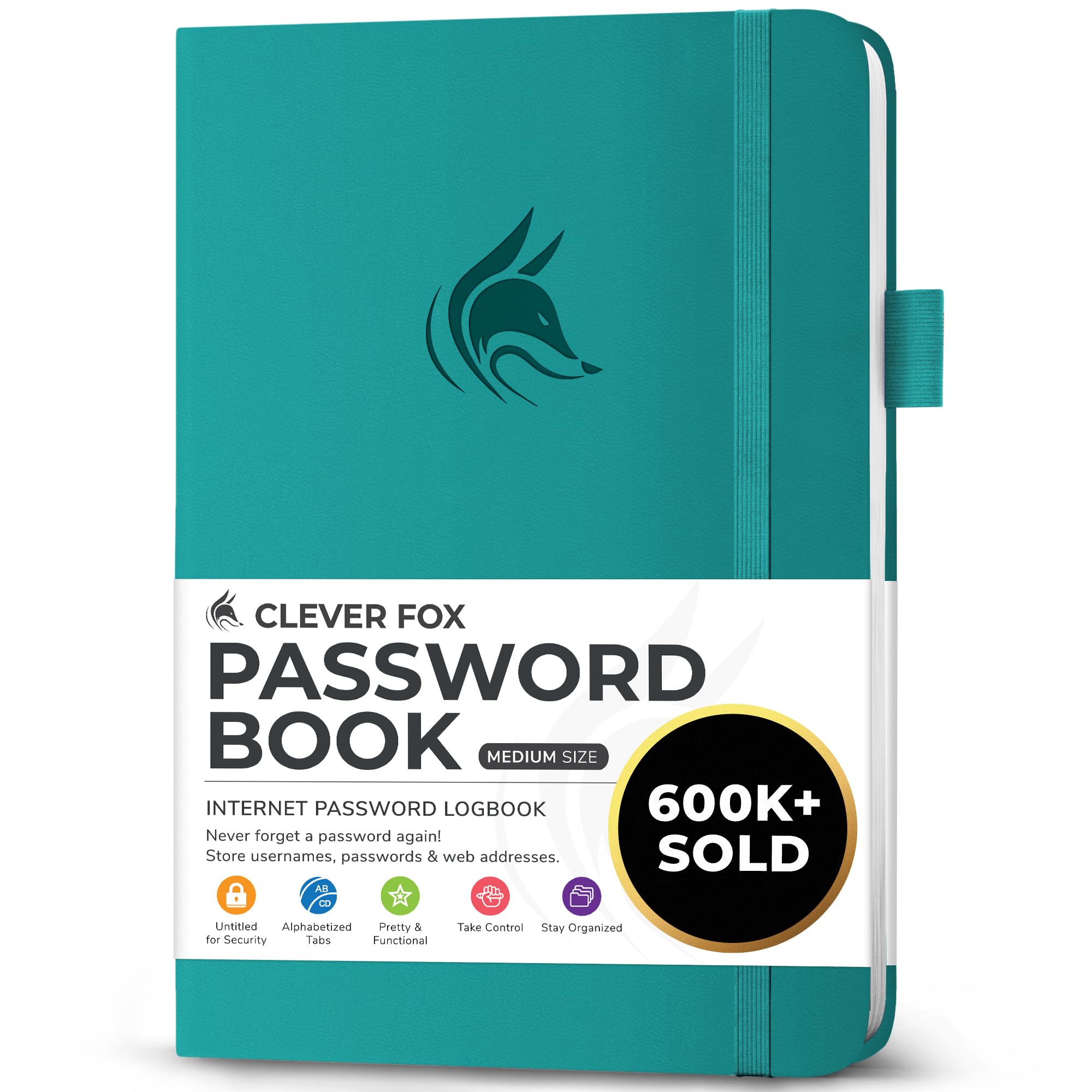 Clever Fox Password Book with alphabetical tabs. Internet Address Organizer Logbook. Medium Password Keeper for Website Logins (Turquoise)