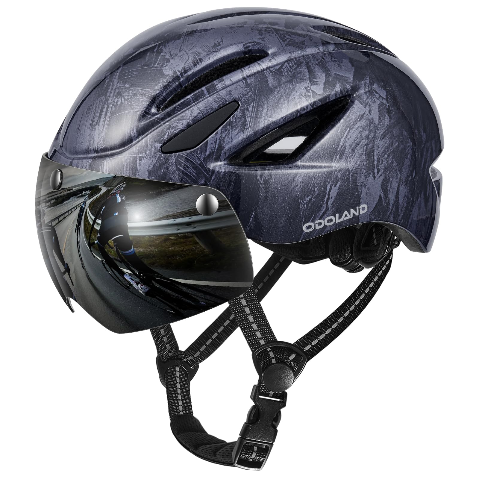 Odoland Adults Bike Helmet with Removable Magnetic Sun Visor, Adjustable Dial Fit Bicycle Cycling Helmet for Mountain Road Bike, Certified Lightweight MTB Ebike Helmet for Men Women,Splashed Ink Gray Image