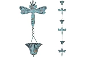 MOCOME Dragonfly Rain Chain for Heavy Rain, Functional and Decorative Replacement Downspout Chain for Outside, Metal Rain Catcher Chain for Gutters, 8.5FT, Antique Blue