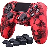 YoRHa Water Transfer Printing Skull Silicone Cover Skin Case for Sony PS4/slim/Pro Dualshock 4 Controller x 1(red) with Pro Thumb Grips x 8