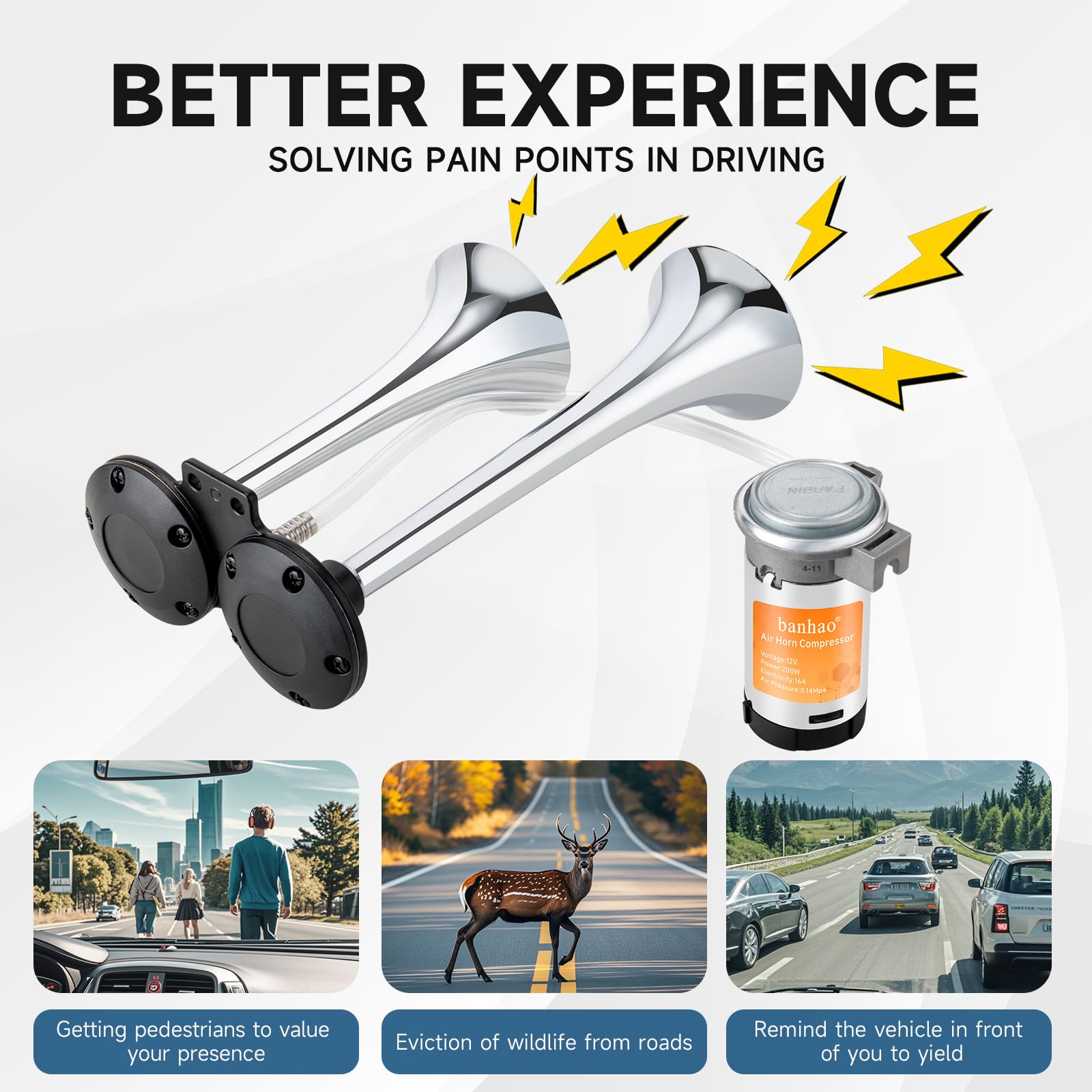 150DB Air Train Horn kit for Car, Banhao Super Loud Twin Tone Chrome Plated Zinc Dual Trumpet with Compressor for Any 12V Trucks Lorrys Trains Vans Boats (Chrome)