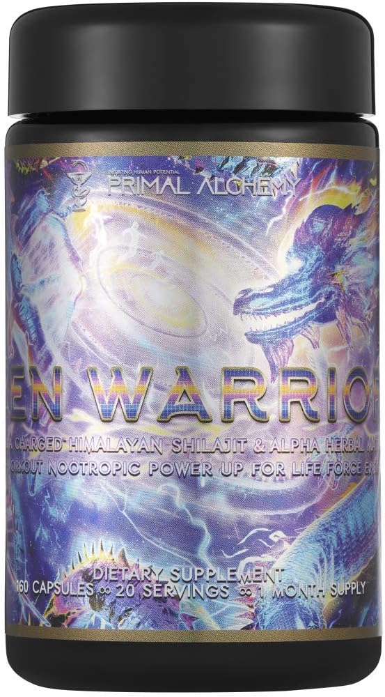 Zen Warrior by Primal Alchemy | Prana Charged Herbal Pre Workout & Nootropic | Himalayan Shilajit, Cordyceps, Ashwagandha, Panax Ginseng | Natural Zinc Testosterone | 180 Capsules