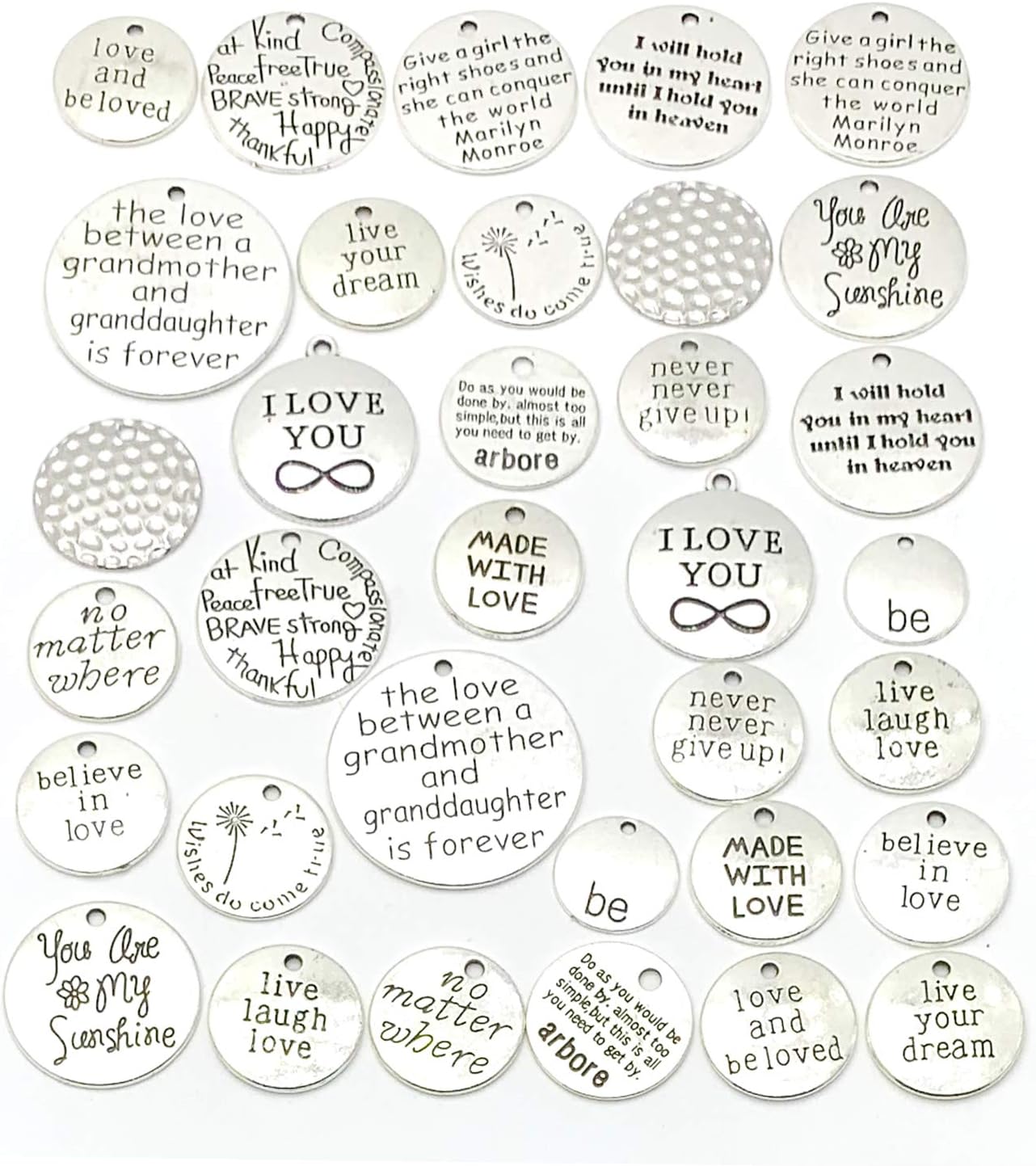 YETOOME 34 Pcs Round Inspirational Message Sayings Charms, Silver Words Charms Craft Supplies Mixed Pendants Beads Charms for Crafting Jewelry Making