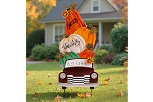 Lanpn Fall Garden Stakes Decorative, 3 Stacked Pumpkin Truck Waterproof Metal Yard Signs 2ft for Home Lawn Patio Porch Autumn Thanksgiving Harvest Season Outdoor decor 11.4 x 29.9 inch