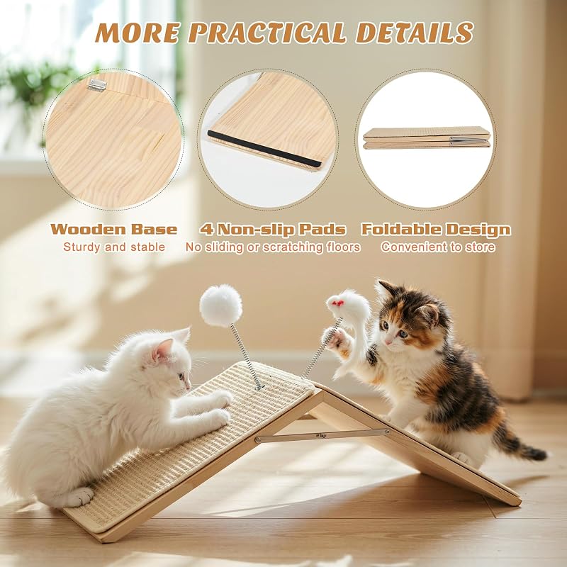Kratzrampe für Katzen, Sisal Kratzbrett Holzrampe, Faltbares Dreieck Katzenkratzbrett mit 2 Federplüschspielzeugen, Möbel Schutz Kratzmatte für Mehrere Haustiere Innenraum Non-Slip
