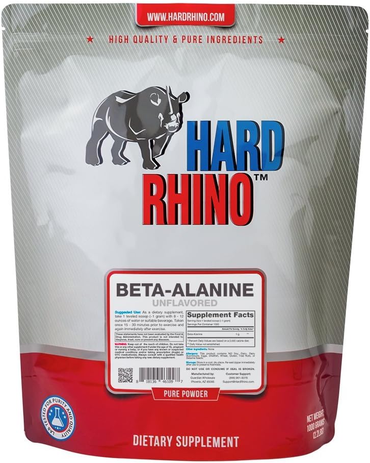 Hard Rhino Beta-Alanine Powder, 1 Kilogram (2.2 Lbs), Unflavored, Lab-Tested, Scoop Included