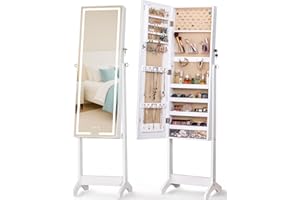 LUXFURNI LED Mirror Jewelry Cabinet Standing Jewelry Armoire, 60" Full Length Mirror with Jewelry Storage, 3 Color Modes, 3 Adjustable Angles, Lockable Jewelry Organizer Mirror, White