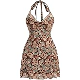 Floerns Women's Plus Size Allover Floral Print Draped Halter Neck Tie Back Bodycon Dress