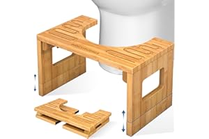 KingPavonini Bamboo Toilet Stool Squat 7in & 9in Adjustable Heights, Foldable Potty Stool for Adults with Non-Slip Layer to Improve Bathroom Posture and Comfort, 400 lbs Capacity