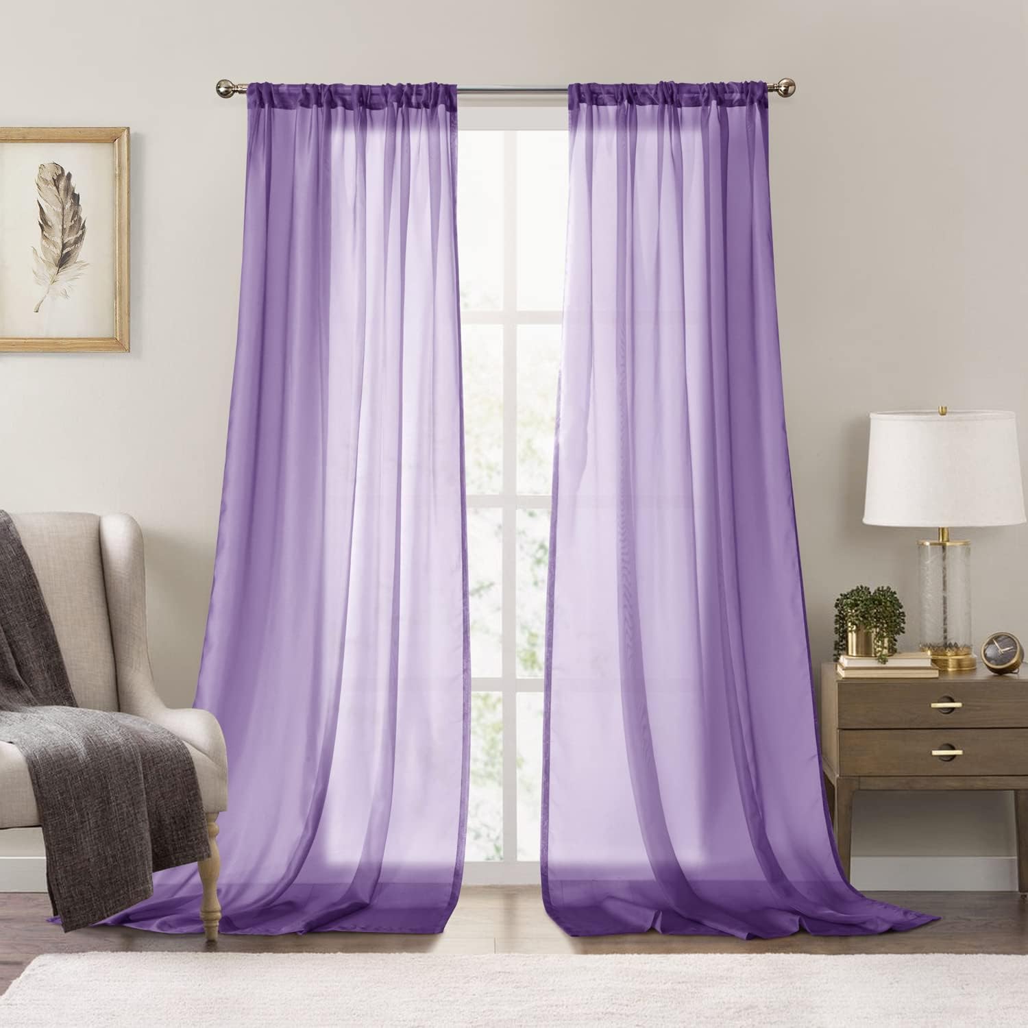 Window Treatment Hardware - Dreaming Casa Violet Sheer Curtains 84 inches Long Rod Pocket Curtains 72