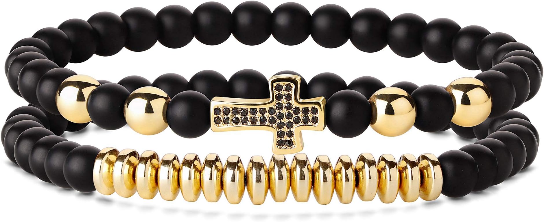 Florideco 2Pcs Cross Beaded Bracelets Set for Women Men 6mm Stone Stretch Bracelet Black Beads Jewerly
