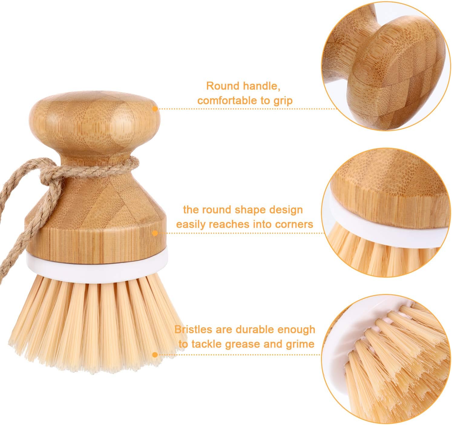 4-Piece Dish Brush Set include 3 Pieces Bamboo Palm Dish Brush Cleaning Scrub Brush Household Pot Scrubber Brush and 1 Holder for Dishes Pots Pans Kitchen Sink Cleaning - Image 4