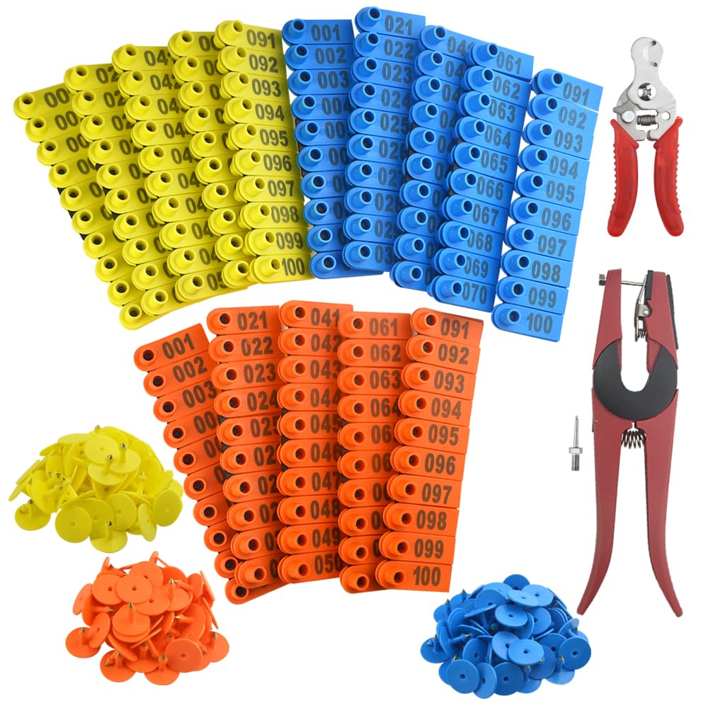 WMYCONGCONG 300 PCS 1-100 Number Plastic Livestock Ear Tag Animal Tag Blue Yellow Orange with Livestock Ear Tag Removing Tool and Ear Tag Applicator Plier for Goat Sheep Dog