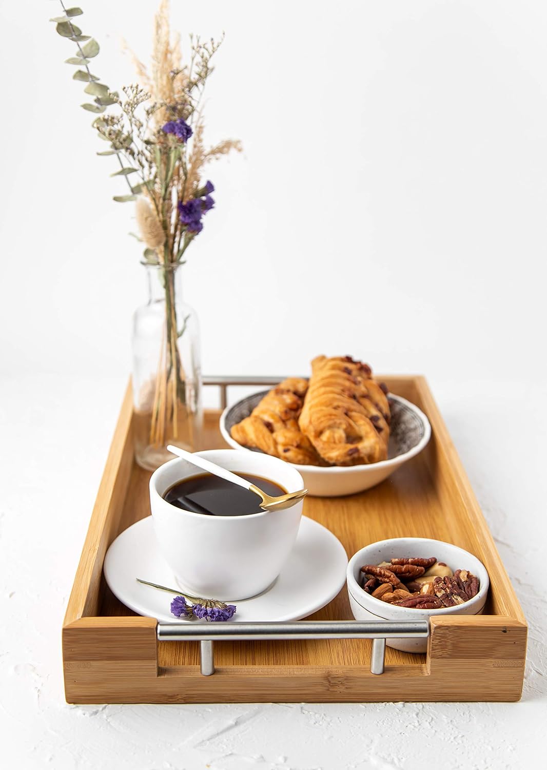 Modern Bamboo Serving Trays with Handle - Nesting Set of 2 Wooden Trays - Large & Small for Food Ottoman Décor & More - Natural Color - Image 5