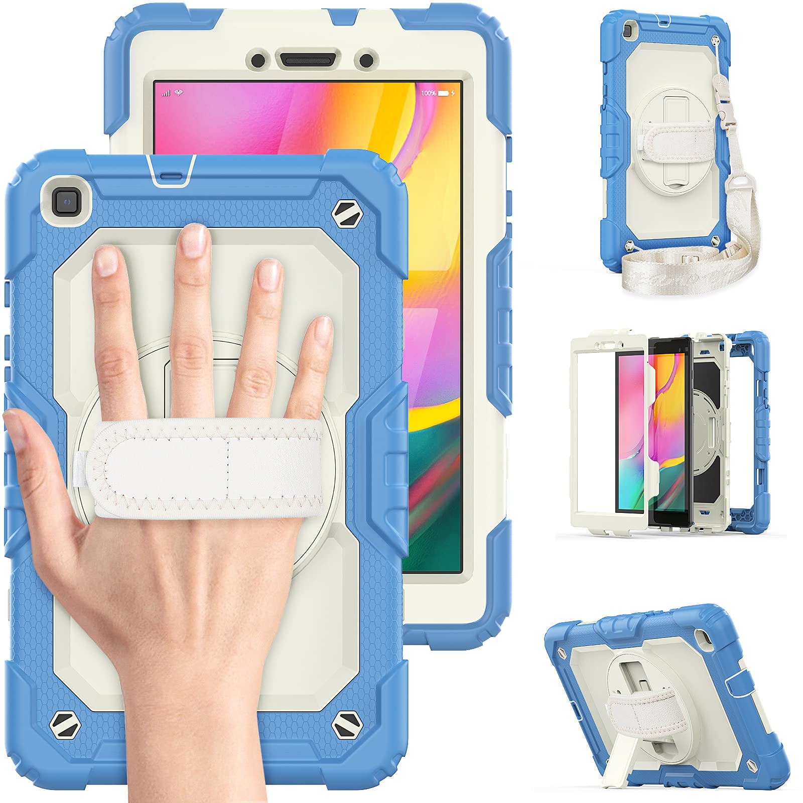 Timecity Case Compatible with Samsung Galaxy Tab A 8.0 Inch 2019 (SM-T290/T295/T297), Heavy Duty Case for Kids with Built-in Screen Protector Rotating Kickstand Hand & Shoulder Strap Case- Beige Blue