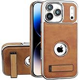 Furwabo Leather Case for iPhone 17 Pro Max with Kickstand, 2 Adjustable Stand Modes, Retro Luxury Business Electroplated Edges Drop Protection Slim Back Cover for iPhone 17 Pro Max (Brown)
