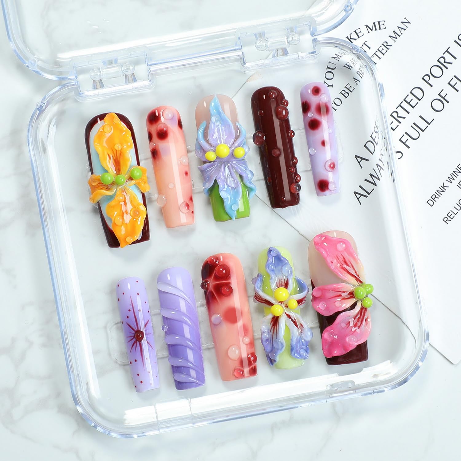 Photo 1 of Flower Press on Nails Handmade Long Coffin Muti-Layer Gel Fake Nails Gradient Floral 3D Waterdrop Pattern Design Spring Summer Multicolor Thick False Nails French Tip Acrylic Nails for Women (Size S)