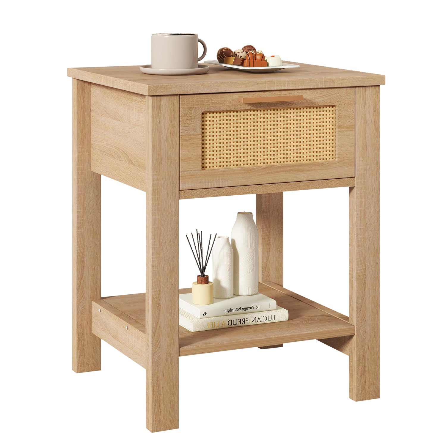 Photo 1 of IBUYKE Rattan Nightstand, Boho Night Stand with Drawer, Wood Bedside Tables with Storage Shelf, End Table with Legs for Bedroom, Natural UWNS011N