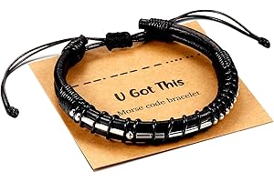 URSTAR Morse Code Bracelets for Men Gifts - 18K Real Gold Plated Beads on Black Leather Bracelet for Men Inspirational Gifts for Him Unique Birthday Christmas Gifts for Men Teen Boys