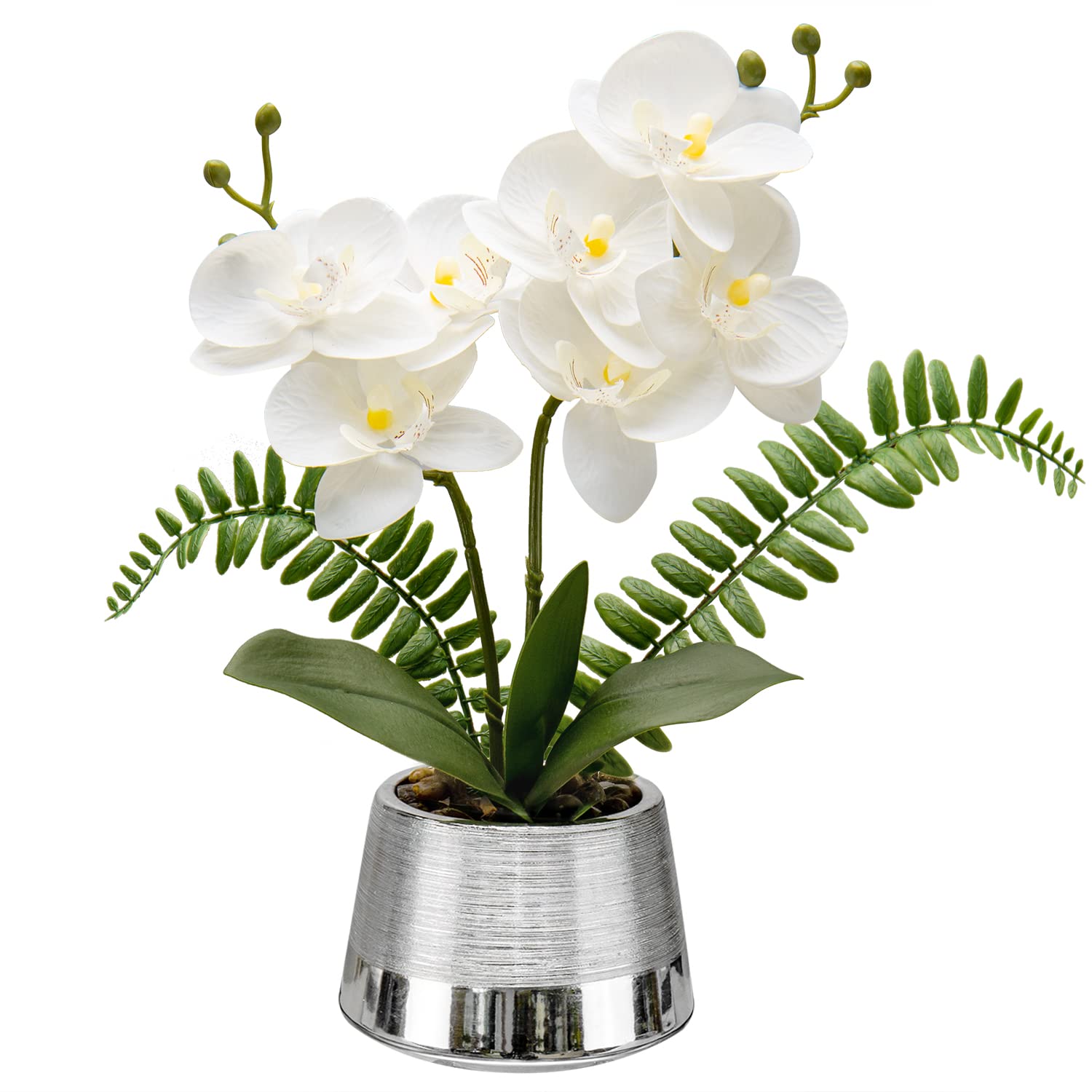 Oairse Artificial Orchid Flowers White Artificial Flower in Silver Ceramic Pots Real Touch Silk Phalaenopsis Faux Orchids Plant for Home Office Kitchen Bathroom Bedroom Table Decoration, 31CM