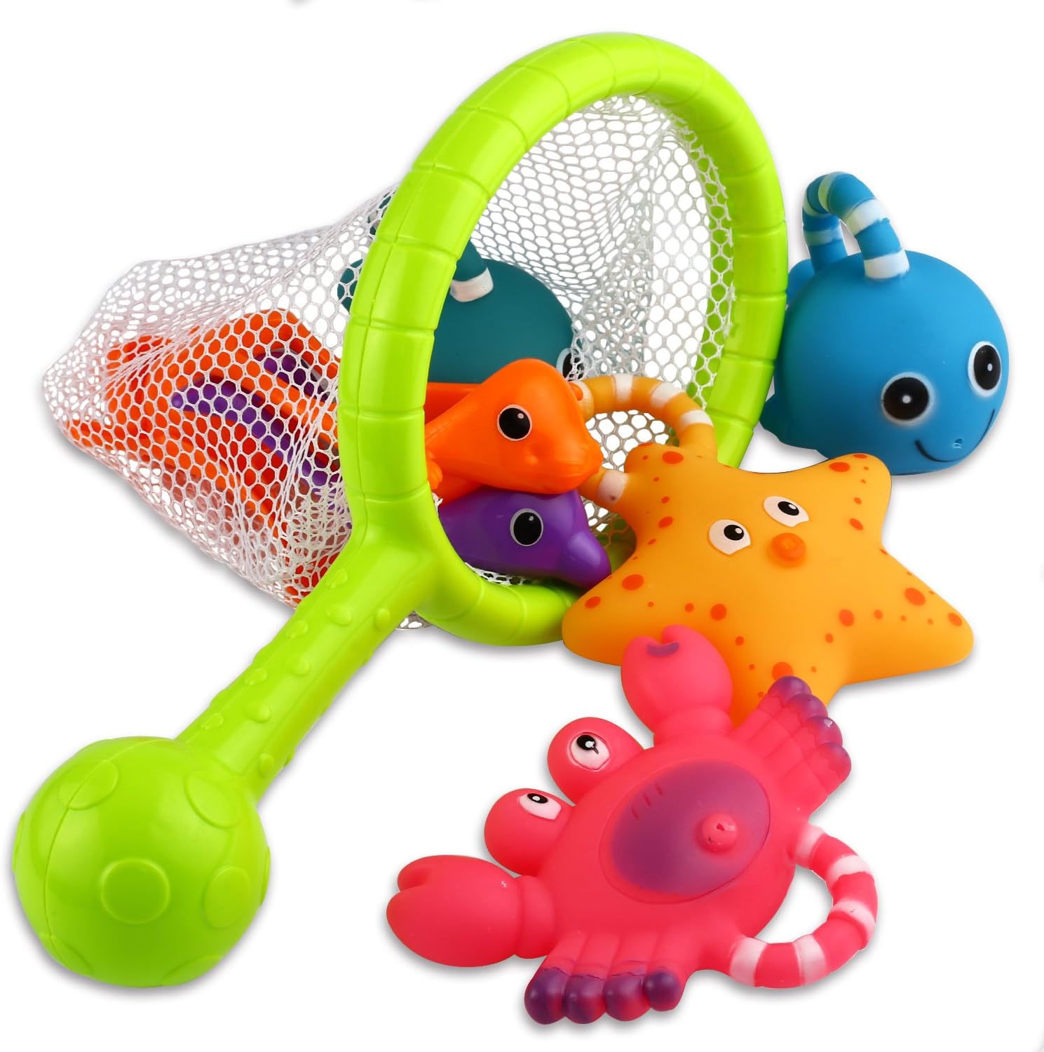 Bath Toy, Fishing Floating Squirts Toy and Water Scoop with Organizer Bag(8 Pack), KarberDark Fish Net Game in Bathtub Bathroom Pool Bath Time for Kids Toddler Baby Boys Girls, Bath Tub Spoon: Toys & Games