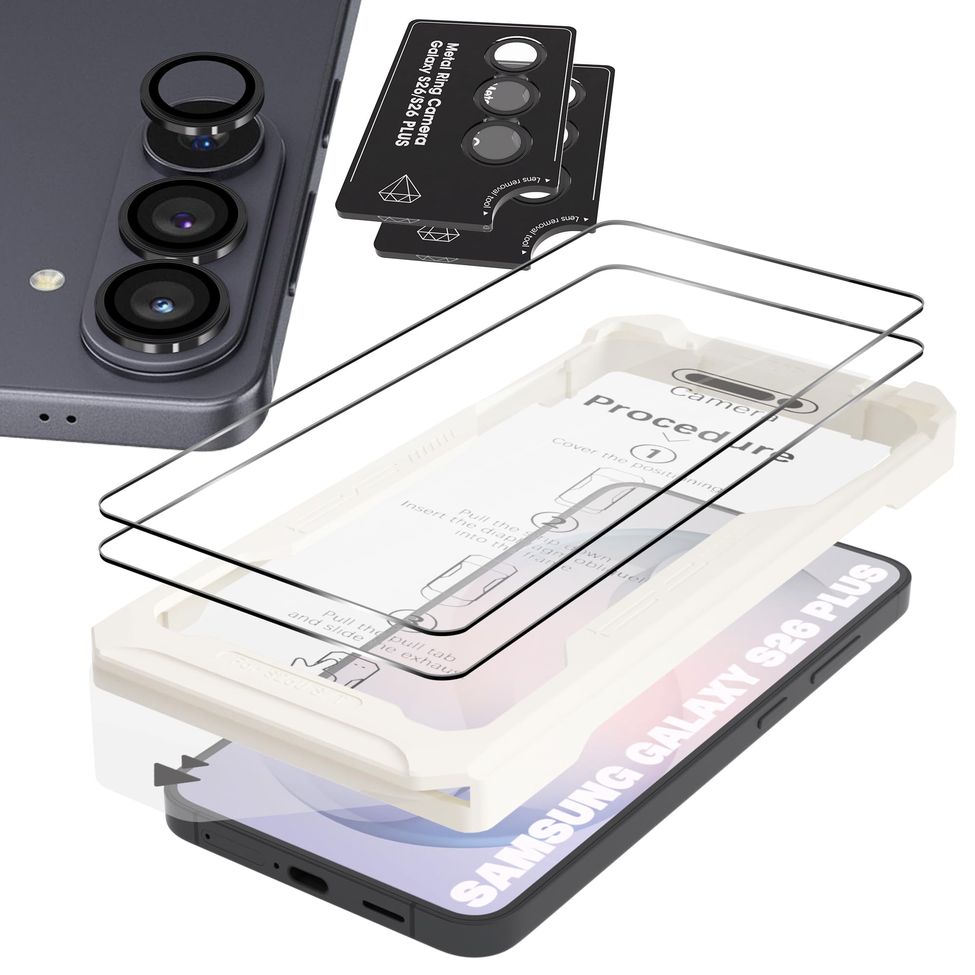 Photo 1 of (2+2) Orzero Compatible for Samsung Galaxy S26 Plus, 2 Pack Screen Protector + 2 Set Metal Camera Lens Protector, 9H Tempered Glass [Fast Alignment Tool][Auto-Dust Removal] 100% Fingerprint Unlock HD Anti-Scratch Bubble-Free Shatterproof