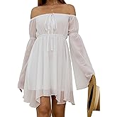 ZUNQKG Womens Off Shoulder Dress Bell Sleeve Lace-Up Chiffon Casual Party Mini Fairy Dresses