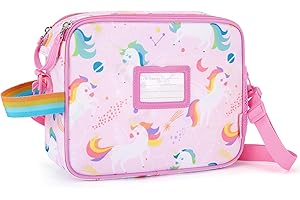 TOURIT Kids Lunch Box Insulated Lunch Bag for Girl Toddler with Water Bottle Holder, ID Tags, Water-Resistant Durable Rainbow Tote Bag Adjustable Strap Double Zipper for School, Pink Unicorn