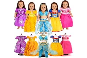 MIKYRA 18-Inch Girl Doll Clothes Princess Dress - 5 Pc Different Princess Dress Set Includes Jasmine, Snow White, Belle, Rapunzel and Aurora Fits 18” Dolls (Set5-01)