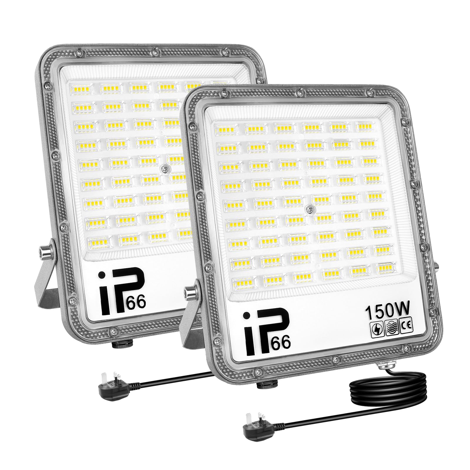 RIGIDON 2Pcs 150W LED Flood Light Outdoor with 1M Plug, 15000LM Super Bright Outdoor Lights 6000K Daylight White IP66 Waterproof Security Lights for Garden, Garage, Yard, Sports Ground, Patio, Porch