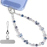 ABITKU Phone Charm, Pearl Crystal Beaded Wrist Strap for Women, Hands-free, Drop-proof and Anti-theft, Detachable, with Tether Tab &amp; Black Lanyard Strap
