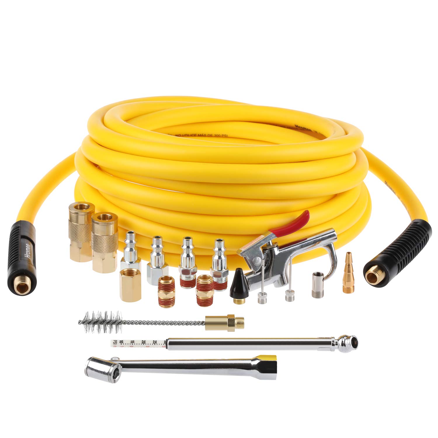Photo 1 of Hromee 19 Pieces Air Compressor Accessories Kit with 3/8 Inch x 25FT Hybrid Hose, 1/4 Inch NPT Quick Connect Fittings, Air Blow Gun, Tire Gauge and Wire Brush