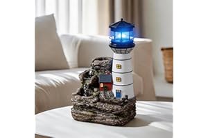 Tolevoit Tabletop Water Fountain Mediterranean Style Resin Lighthouse Ornament, Waterfall Leisure Rustic Decoration, Healing 