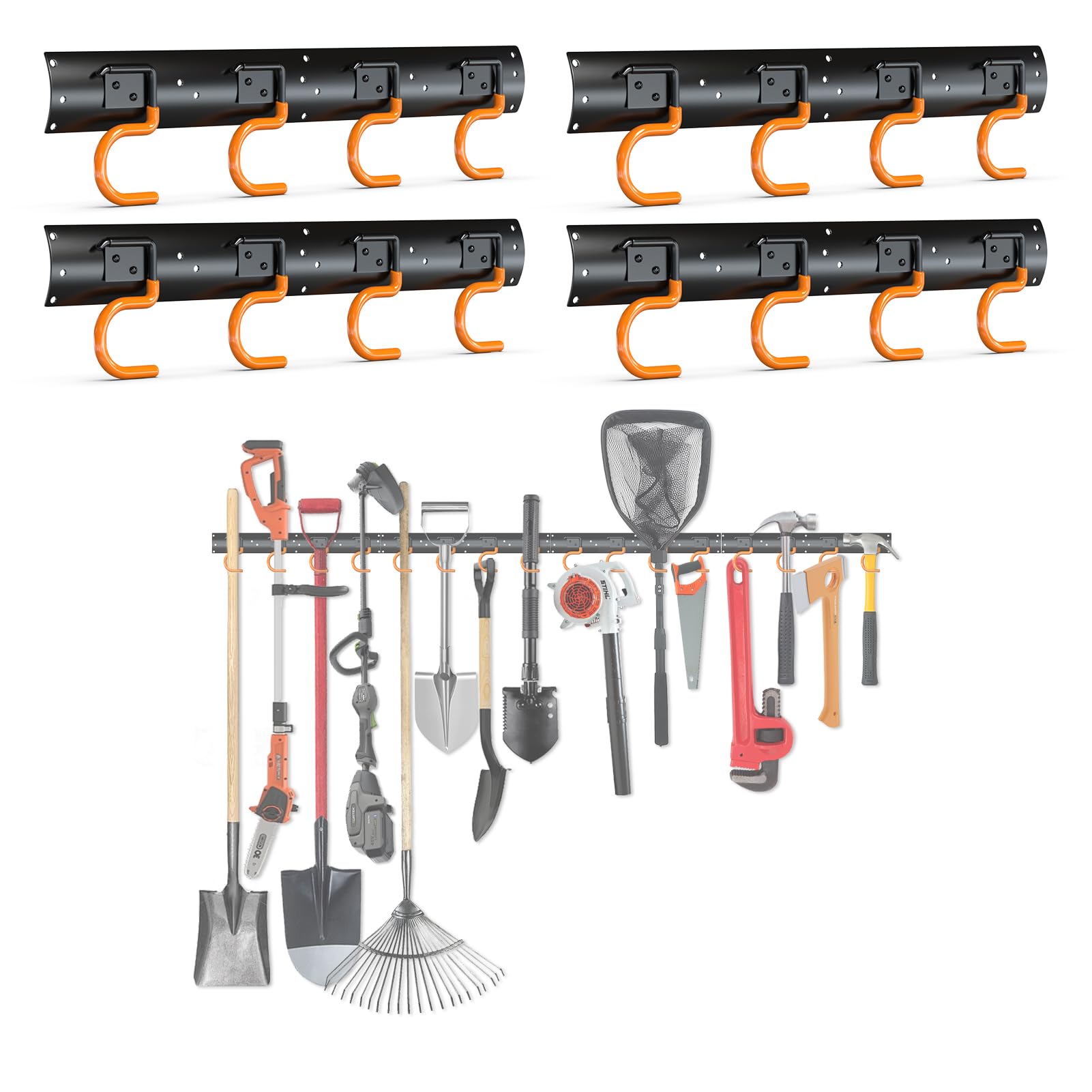 3-H Garden Tool Organizer 68 INCH All Metal,Tool Organizer 4 Racks,Broom Holder Wall Mount for Warehouse, Basement, Workshop Organizing and hanging Rake,Mop,Shovel,Hose