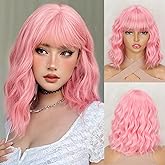 LINGHANG Short Pink Wigs with Bangs Short Light Pink Wig for Women Synthetic Wavy Shoulder Length Cosplay Wig for Women Girls Colored Wigs