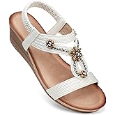 SHIBEVER Womens Wedge Sandals Flower Low Heel Dressy Sandals Elastic Ankle Strap Rhinestone Summer Comfortable Shoes